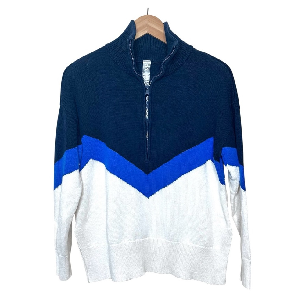 Lou & Grey Chevron Apres Ski Quarter Zip Sweater Size Small Navy Blue White